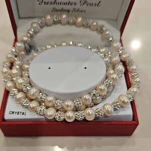 Genuine Freshwater Pearl Abd Crystal Necklace And Bracelet Set